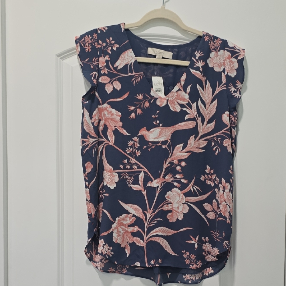 LOFT Blue and Pink Floral Women's Top With Flutter Sleeves
